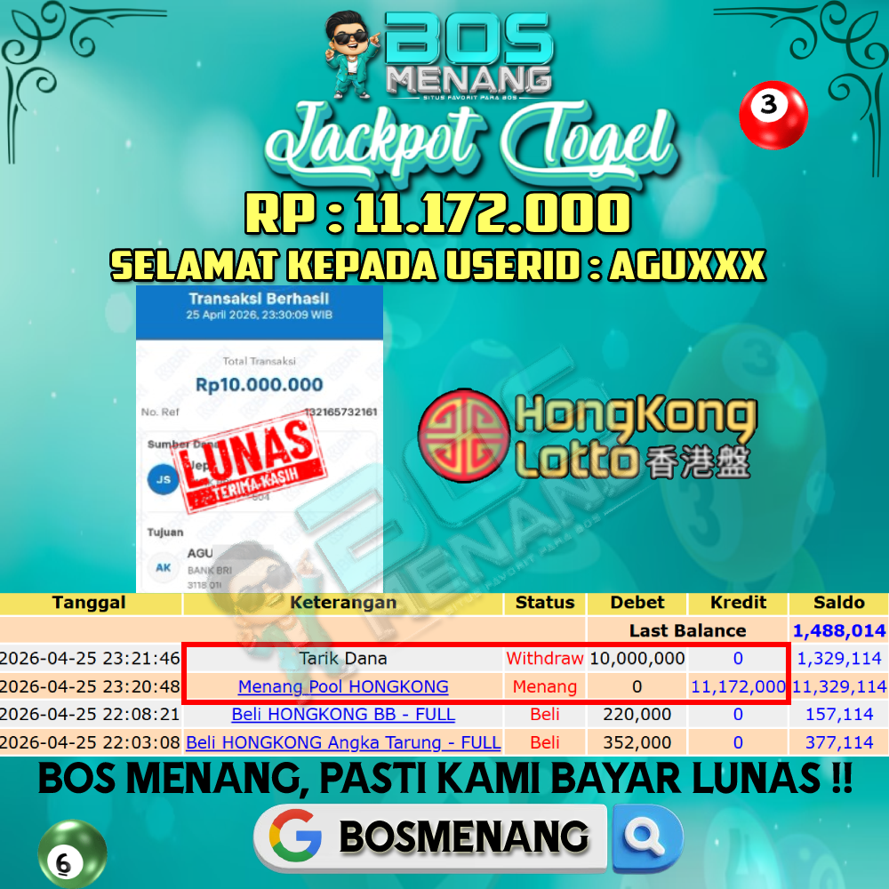 Tanggal 25 APRIL 2026 - JACKPOT TOGEL - HONGKONG LOTTO Rp 11.172.000,-
