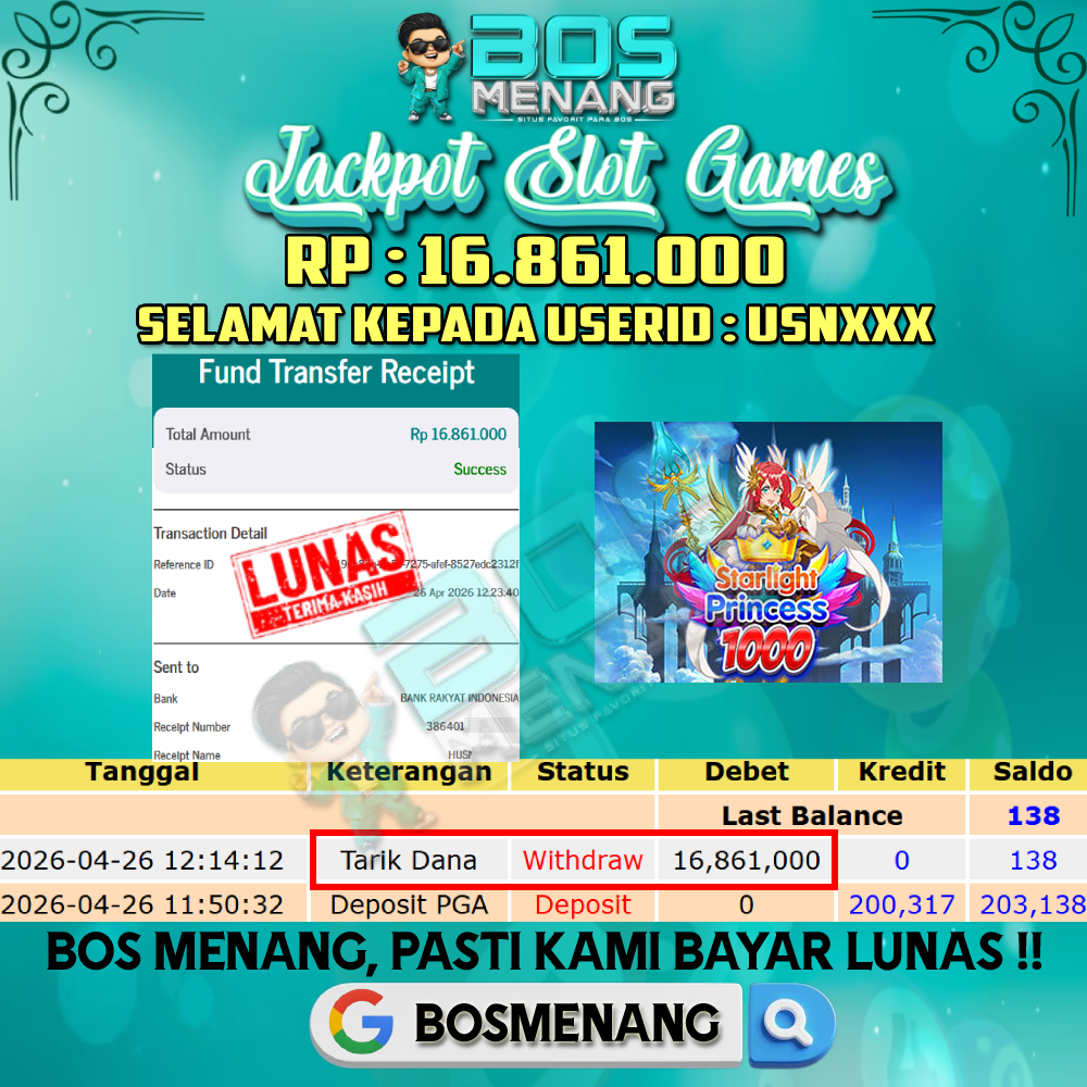 Tanggal 26 APRIL 2026 - JACKPOT SLOT GAMES - STARLIGHT PRINCESS 1000 (PRAGMATIC PLAY) Rp 16.861.000,-