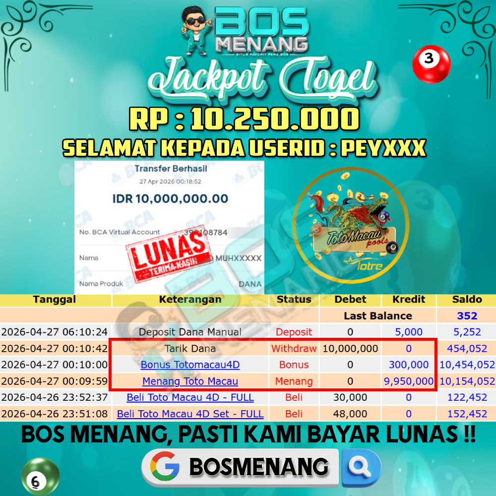Tanggal 27 APRIL 2026 - JACKPOT TOGEL - TOTOMACAU Rp 10.250.000,-