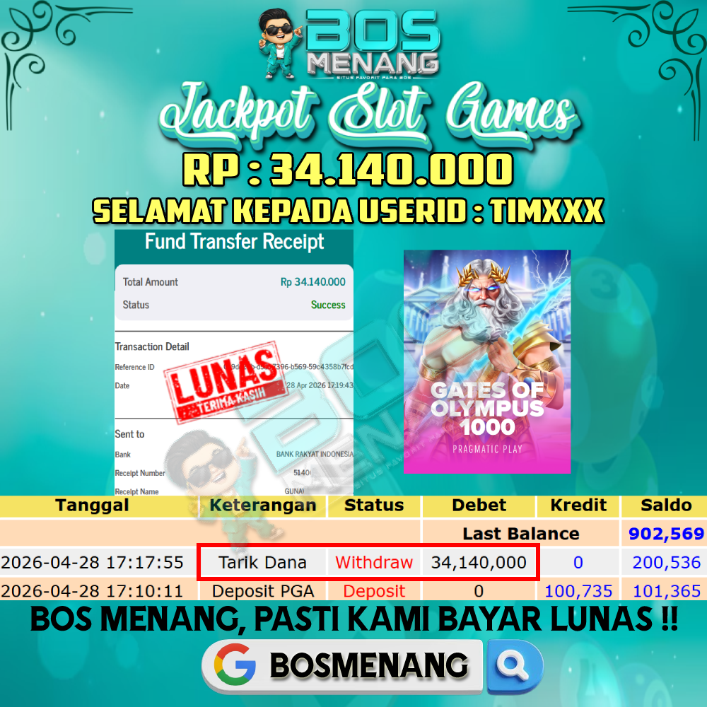 Tanggal 28 APRIL 2026 - JACKPOT SLOT GAMES - GATES OF OLYMPUS 1000 (PRAGMATIC PLAY) Rp 34.140.000,-
