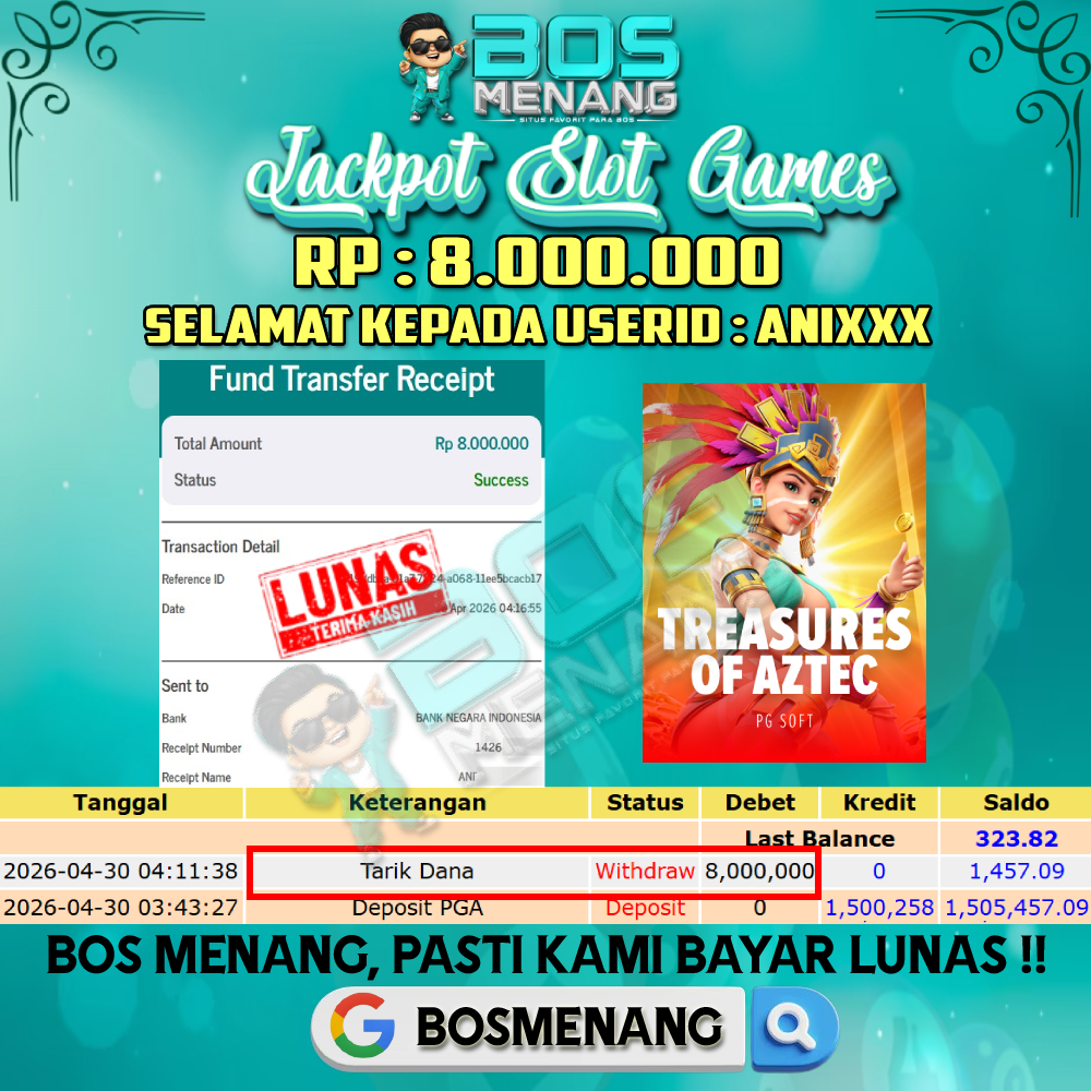 Tanggal 30 APRIL 2026 - JACKPOT SLOT GAMES - TREASURES OF AZTEC (PG SOFT) Rp 8.000.000,-