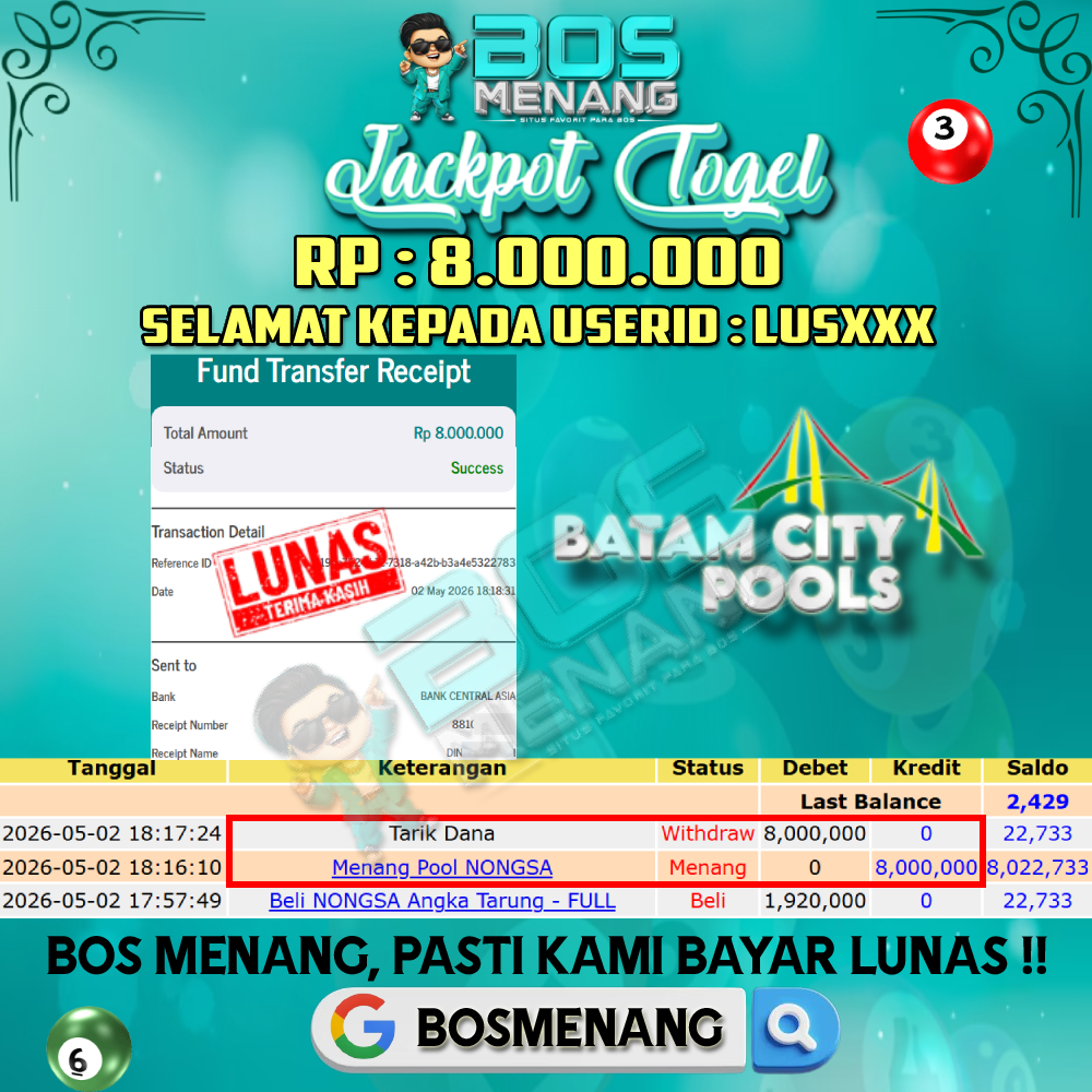 Tanggal 02 MEI 2026 - JACKPOT TOGEL - NONGSA Rp 8.000.000,-