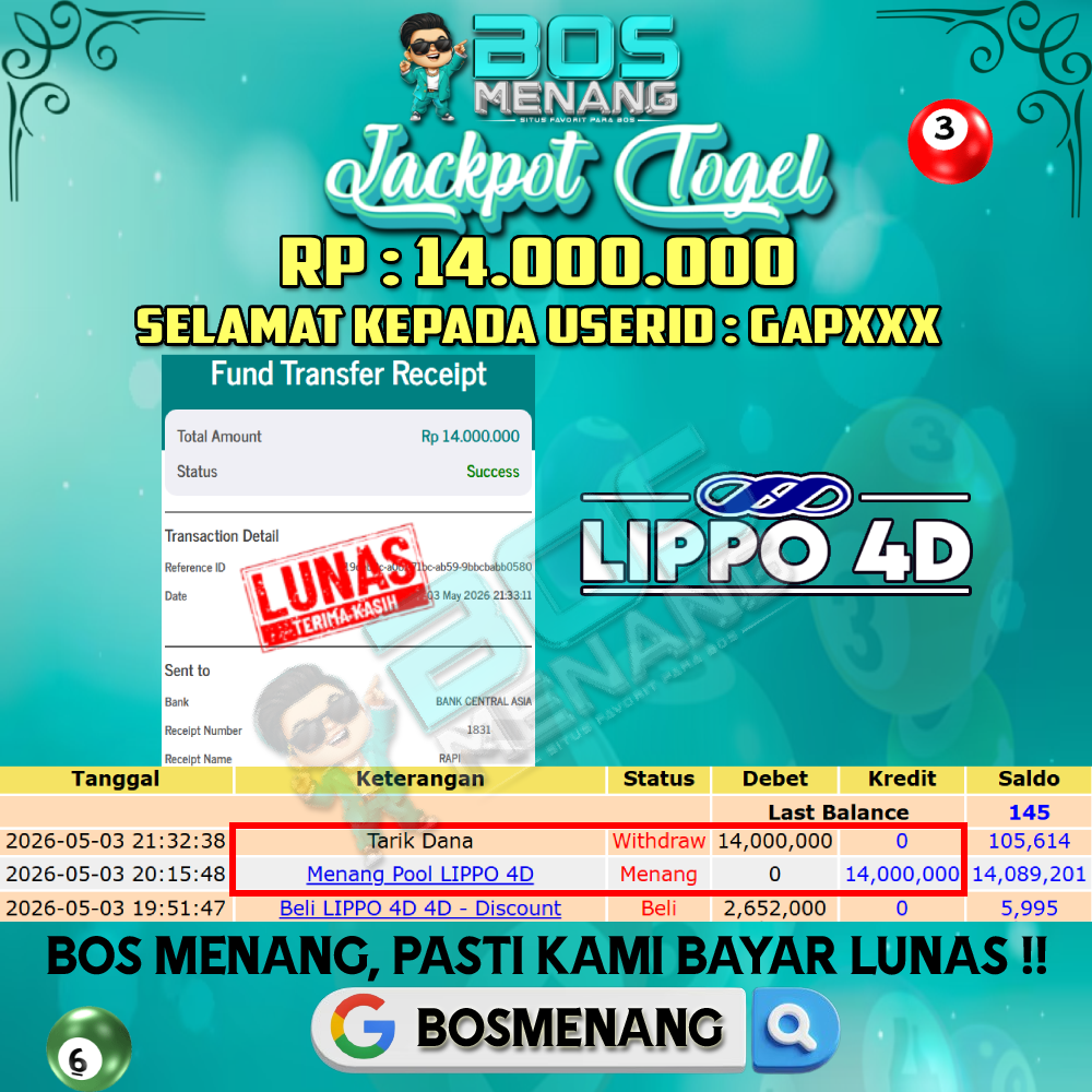 Tanggal 03 MEI 2026 - JACKPOT TOGEL - LIPPO Rp 14.000.000,-