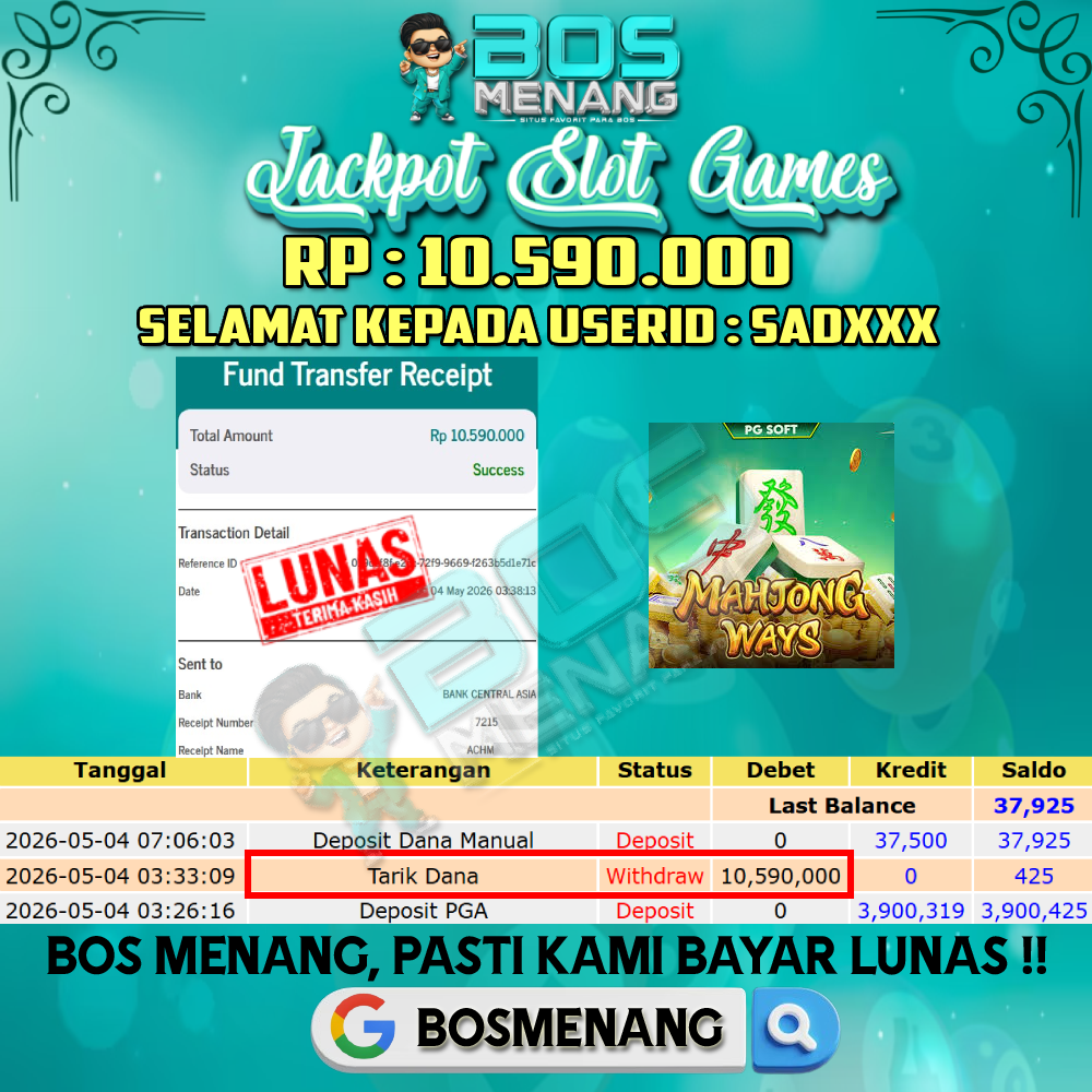 Tanggal 04 MEI 2026 - JACKPOT SLOT GAMES - MAHJONG WAYS (PG SOFT) Rp 10.590.000,-
