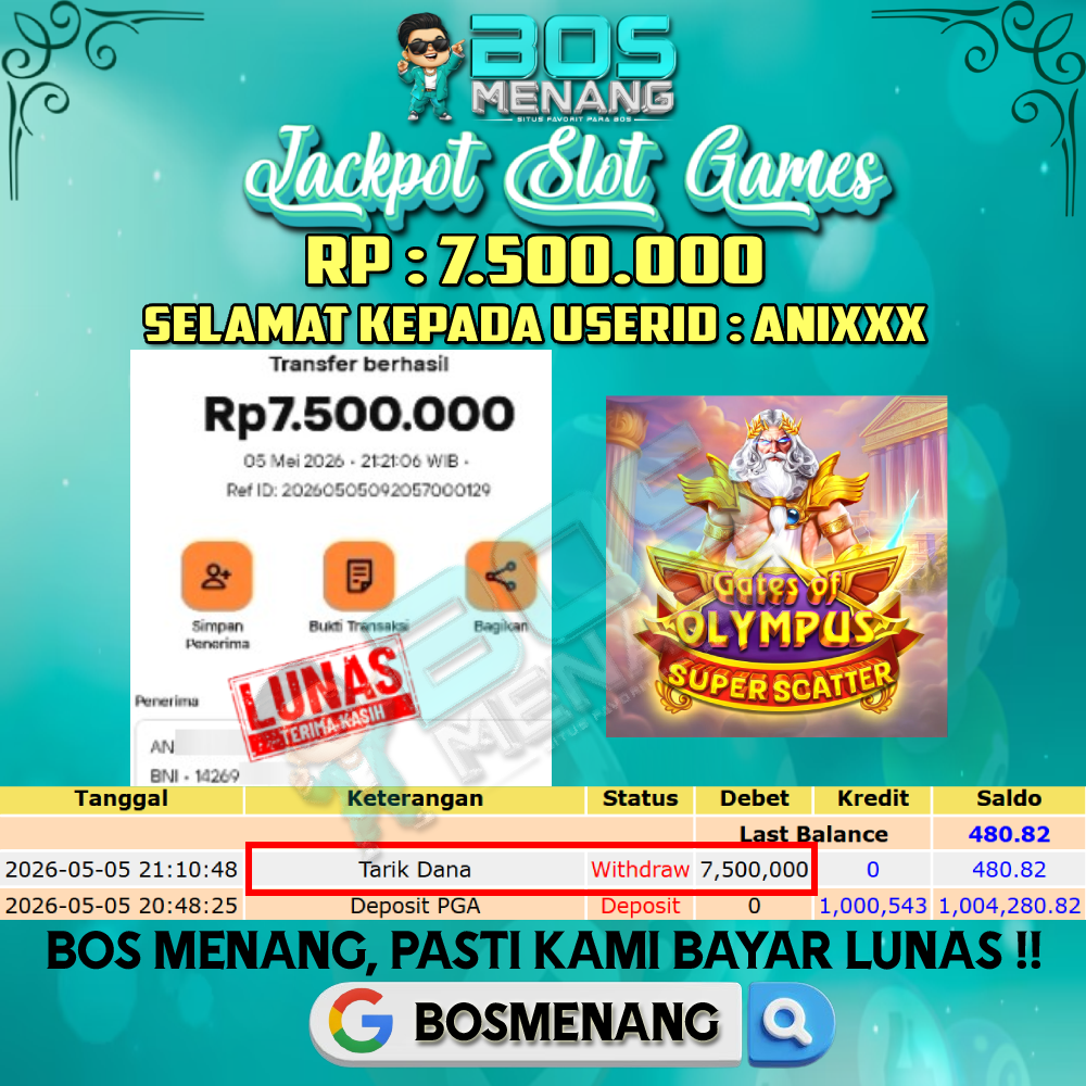 Tanggal 05 MEI 2026 - JACKPOT SLOT GAMES - GATES OF OLYMPUS SUPER SCATTER (PRAGMATIC PLAY) Rp 7.500.000,-
