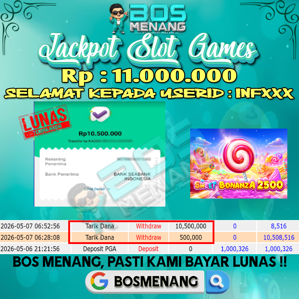 Tanggal 07 MEI 2026 - JACKPOT SLOT GAMES - SWEET BONANZA 2500 (PRAGMATIC PLAY) Rp 11.000.000,-