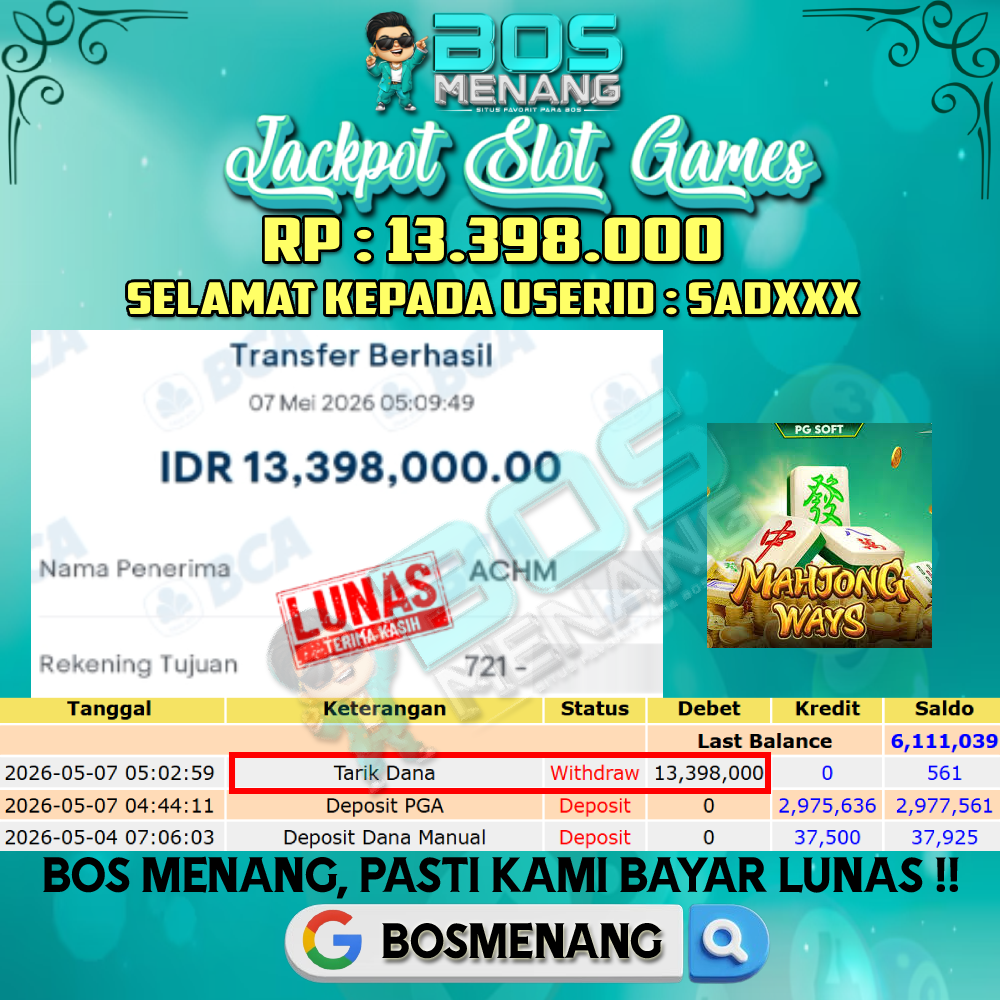 Tanggal 07 MEI 2026 - JACKPOT SLOT GAMES - MAHJONG WAYS (PG SOFT) Rp 13.398.000,-
