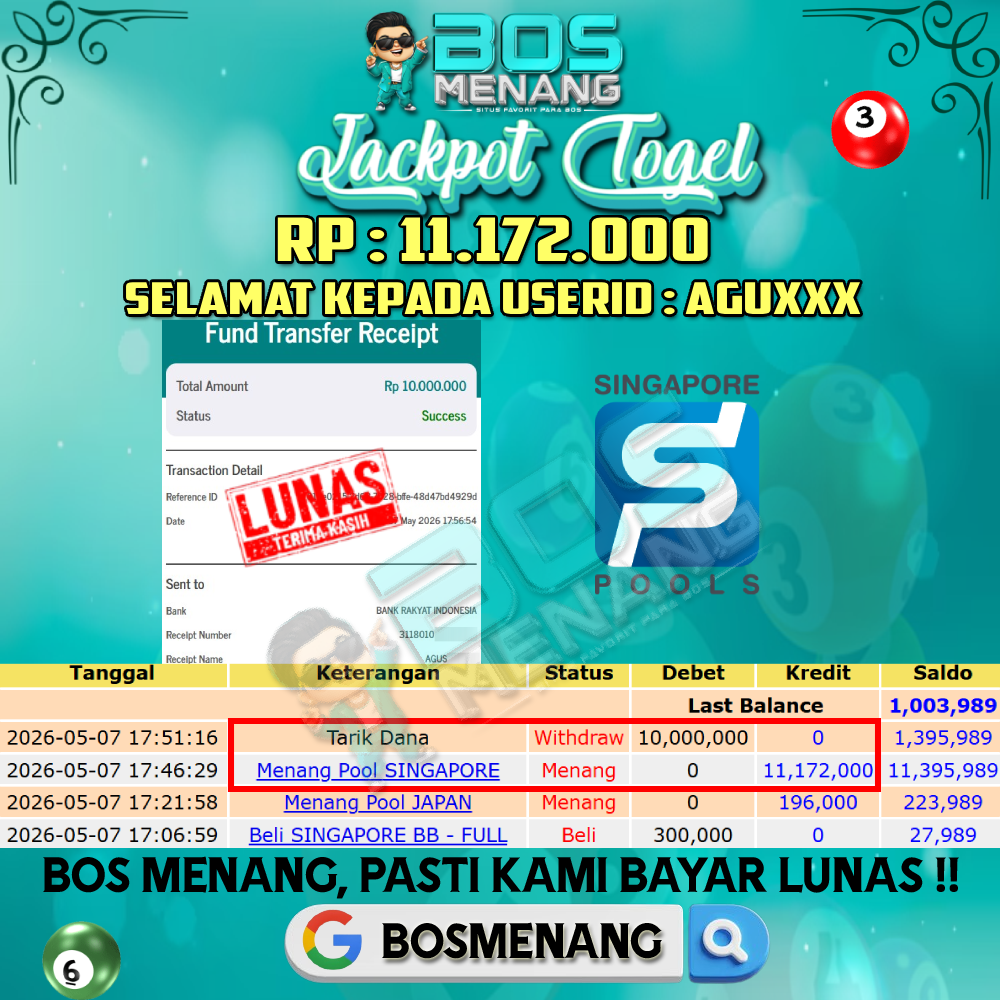 Tanggal 07 MEI 2026 - JACKPOT TOGEL - SINGAPORE Rp 11.172.000,-