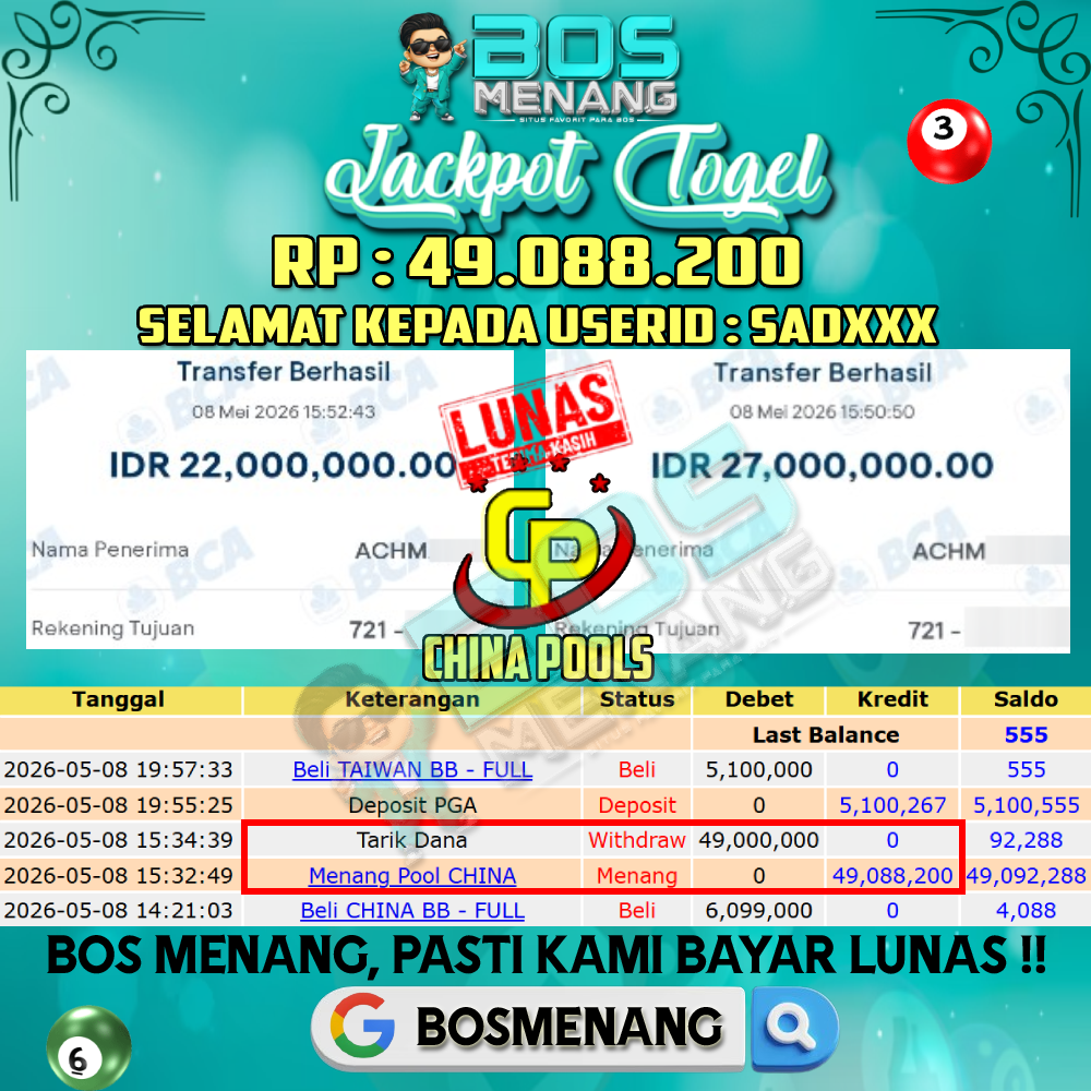 Tanggal 08 MEI 2026 - JACKPOT TOGEL - CHINA Rp 49.088.200,-
