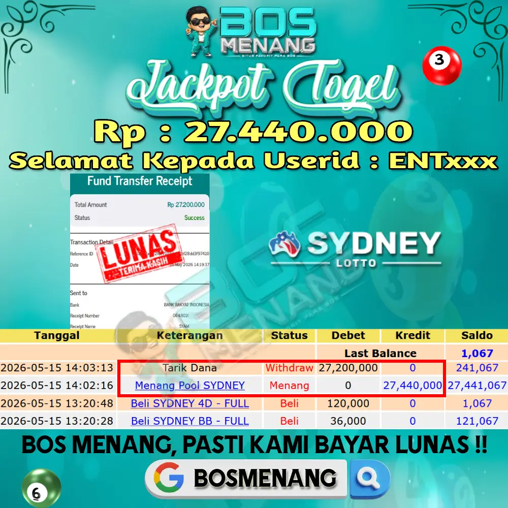 Tanggal 15 MEI 2026 - JACKPOT TOGEL - SYDNEY LOTTO Rp 27.440.000,-