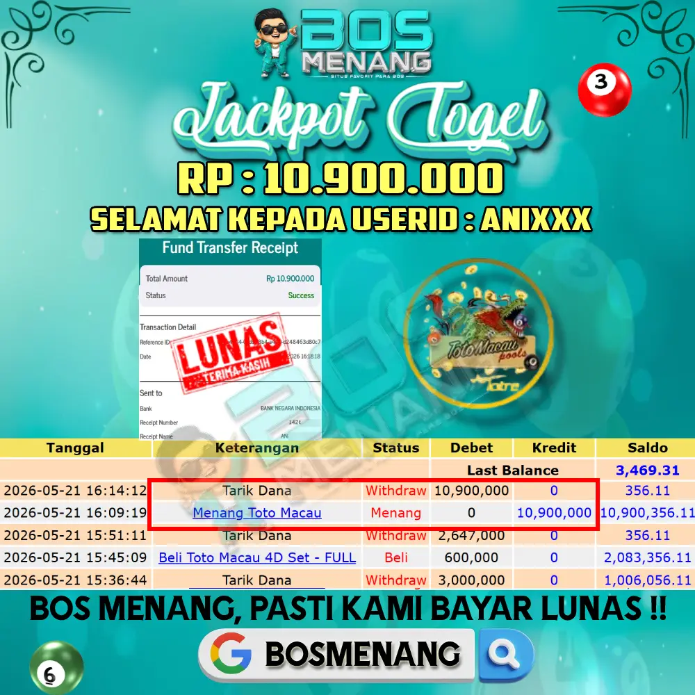 Tanggal 21 MEI 2026 - JACKPOT TOGEL - TOTOMACAU Rp 10.900.000,-