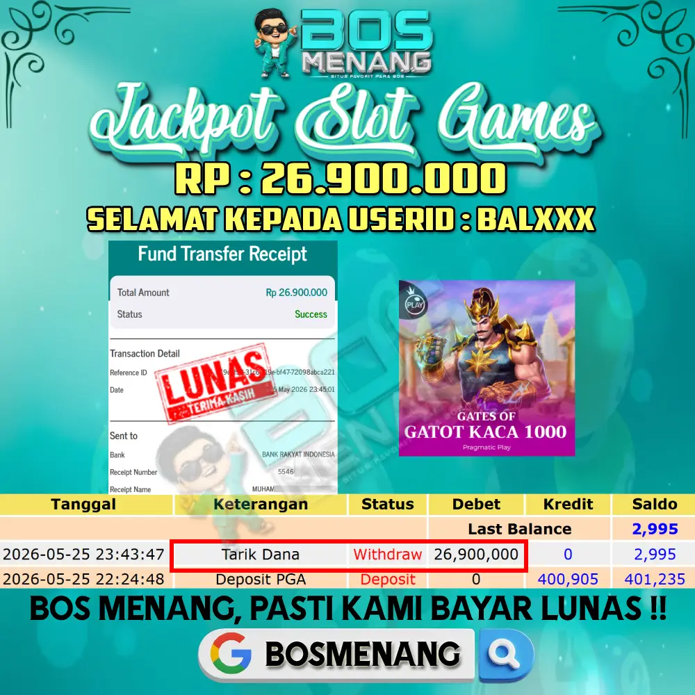 Tanggal 25 MEI 2026 - JACKPOT SLOT GAMES - GATES OF GATOT KACA 1000 (PRAGMATIC PLAY) Rp 26.900.000,-