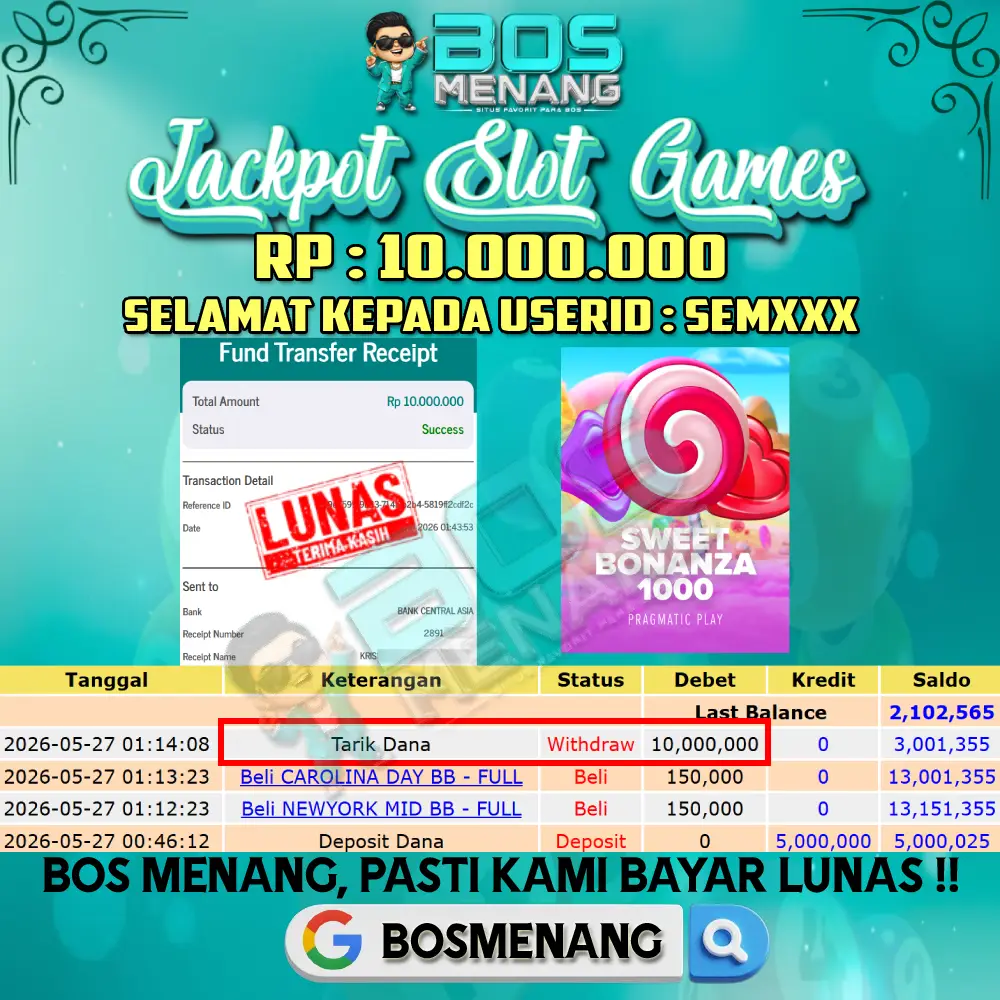 Tanggal 27 MEI 2026 - JACKPOT SLOT GAMES -SWEET BONANZA 1000 (PRAGMATIC PLAY) Rp 10.000.000,-