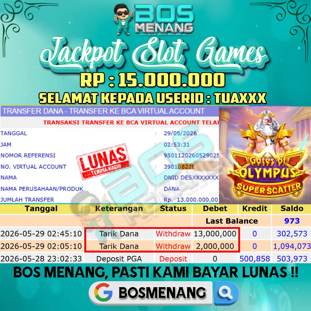 Tanggal 29 MEI 2026 - JACKPOT SLOT GAMES -GATES OF OLYMPUS SUPER SCATTER (PRAGMATIC PLAY) Rp 15.000.000,-