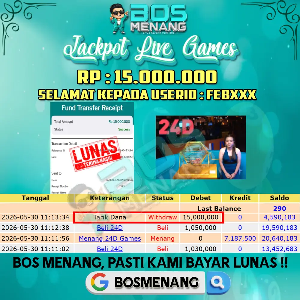 Tanggal 30 MEI 2026 - JACKPOT LIVE GAMES - 24D Rp 15.000.000,-