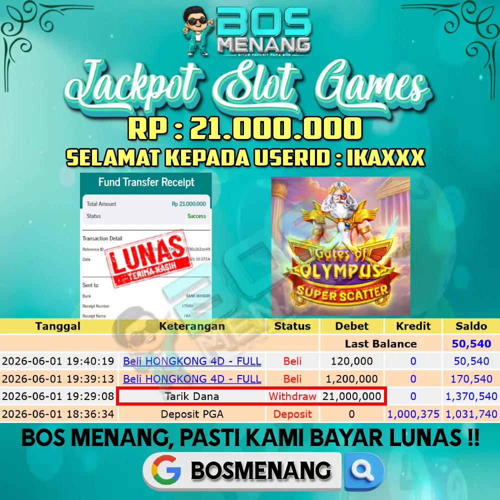 Tanggal 01 JUNI 2026 - JACKPOT SLOT GAMES - GATES OF OLYMPUS SUPER SCATTER (PRAGMATIC PLAY) Rp 21.000.000,-