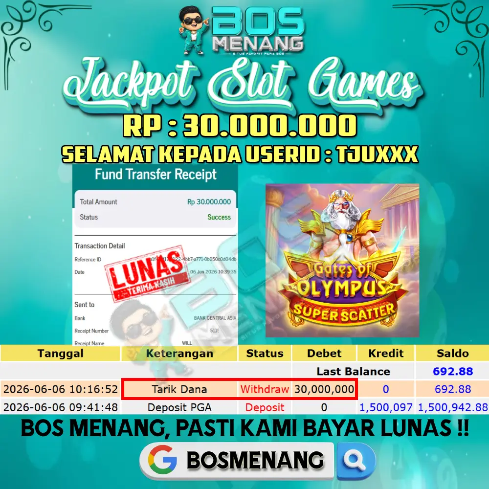 Tanggal 06 JUNI 2026 - JACKPOT SLOT GAMES - GATES OF OLYMPUS SUPER SCATTER (PRAGMATIC PLAY) Rp 30.000.000,-