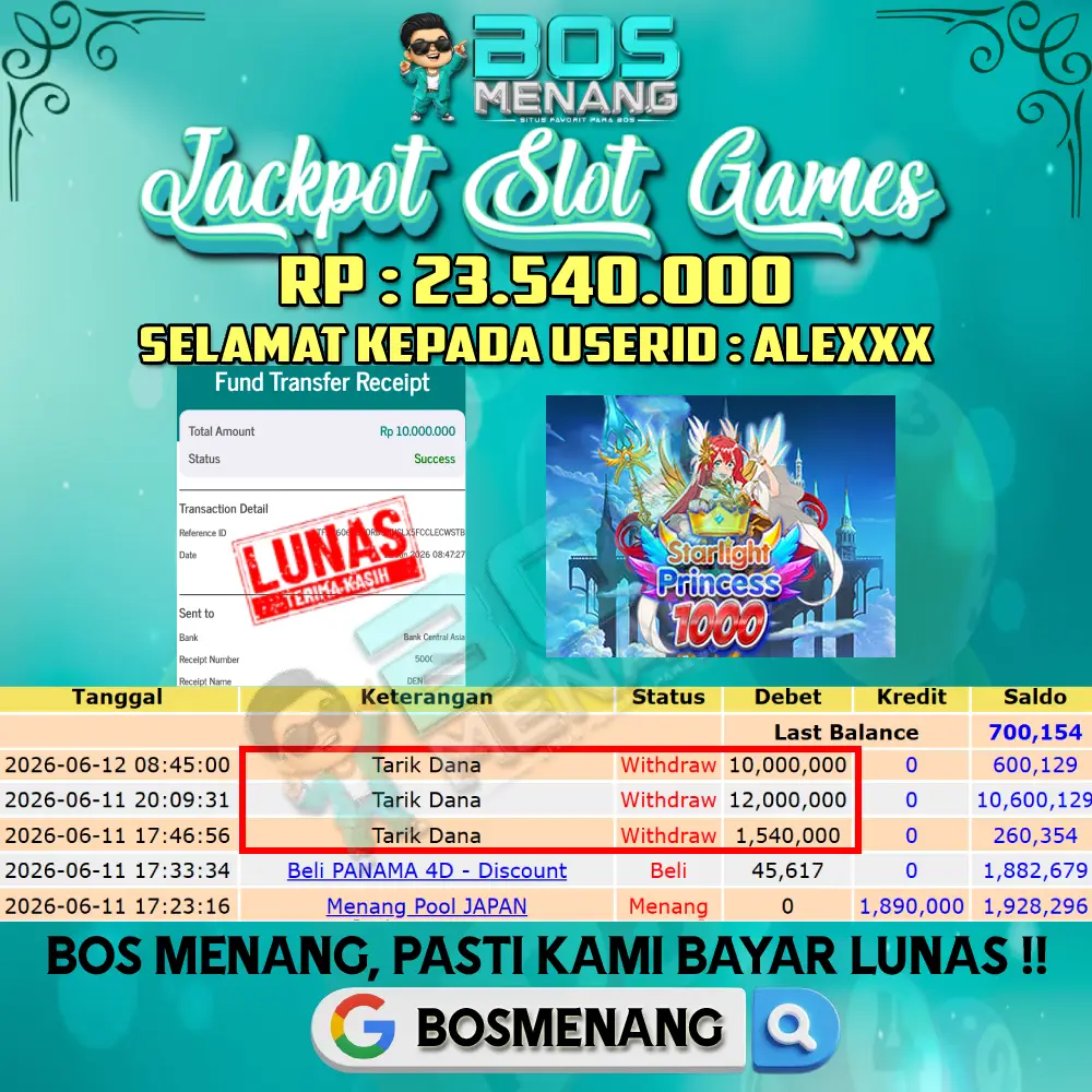 Tanggal 12 JUNI 2026 - JACKPOT SLOT GAMES - STARLIGHT PRINCESS 1000 (PRAGMATIC PLAY) Rp 23.540.000,-